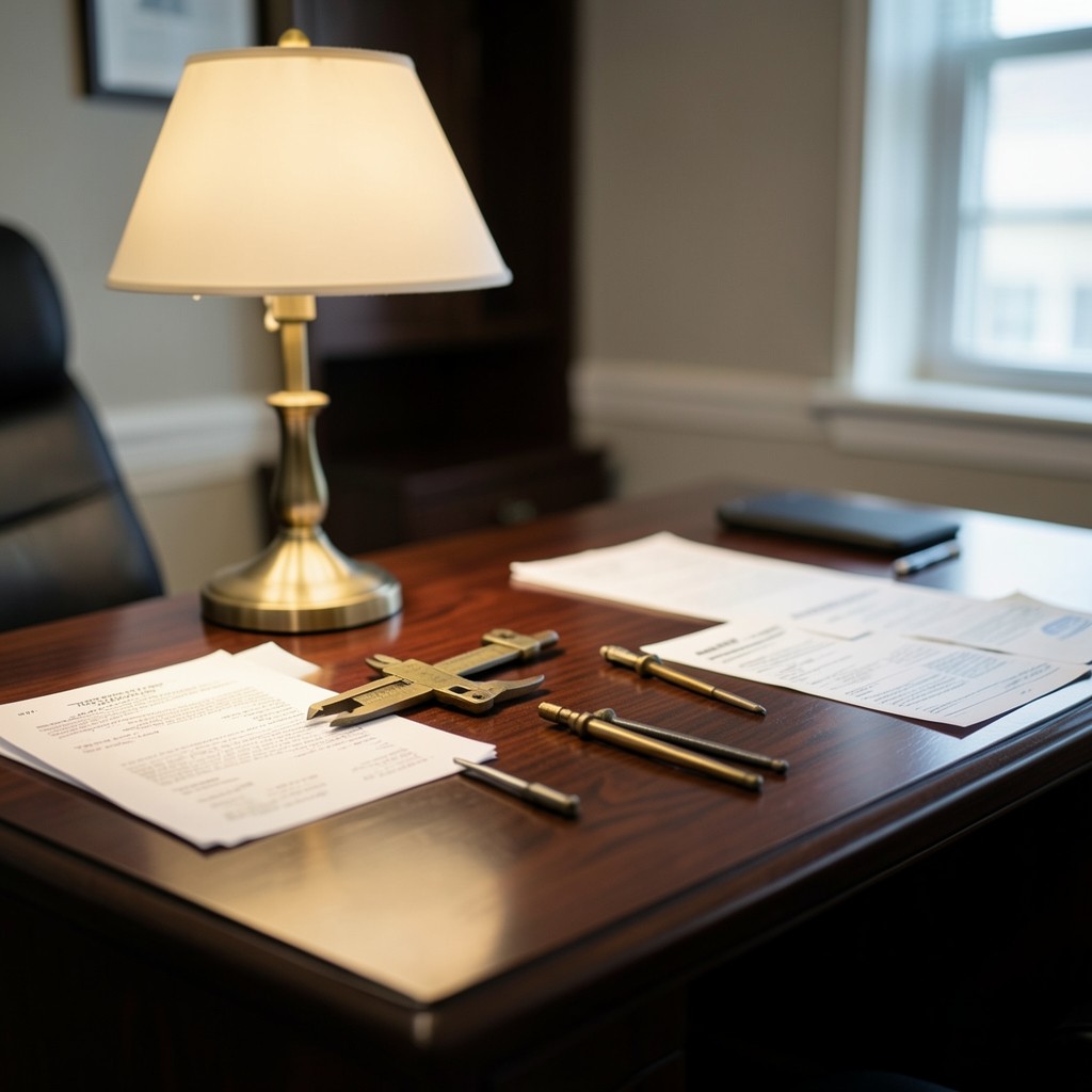 Bureau de consultation avec documents d'accident du travail et instruments de mesure en laiton